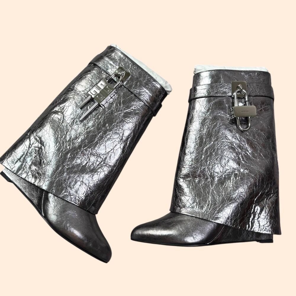 Givenchy Shark Lock Silver Leather Ankle Boots